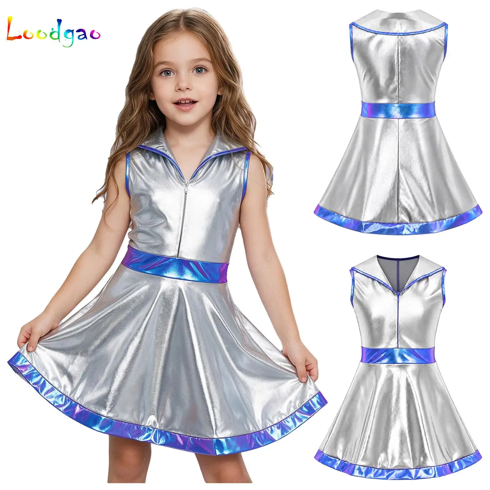 6‑16Y Girls Metallic Alien Costume Sleeveless Collared Zipper Dress Halloween Disco Hippie 60s 70s Party Dance Tutu Outfit