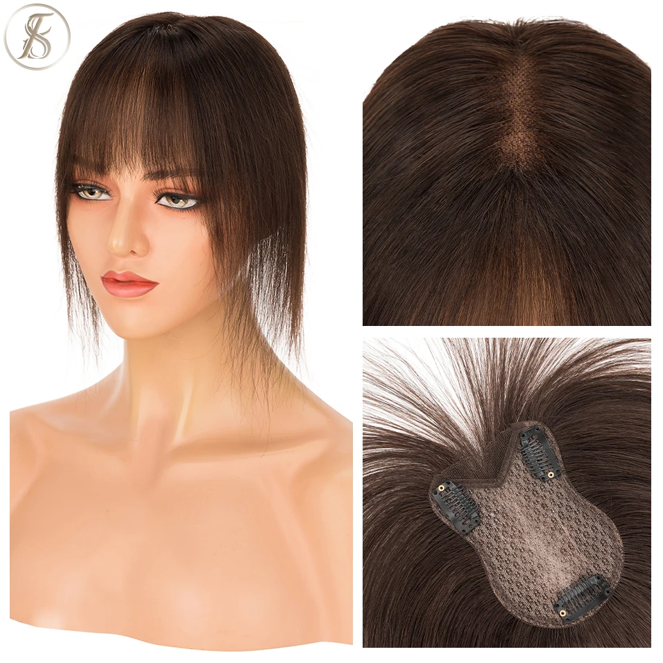 

TESS 11inch Human Hair Topper With Bangs Women Toppers Hand-woven Single Knot 8cmx11cm Center Part Natural Hair Wigs Hair Clip