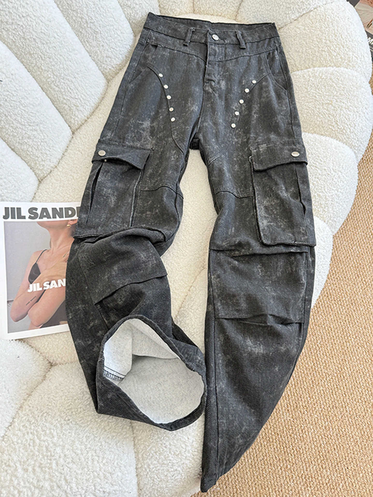 

Cleanfit Deconstructed Rivet Workwear Pants Men's Autumn Hiphop Street Design Sensation Jeans Loose Wide Leg mid Waist Button