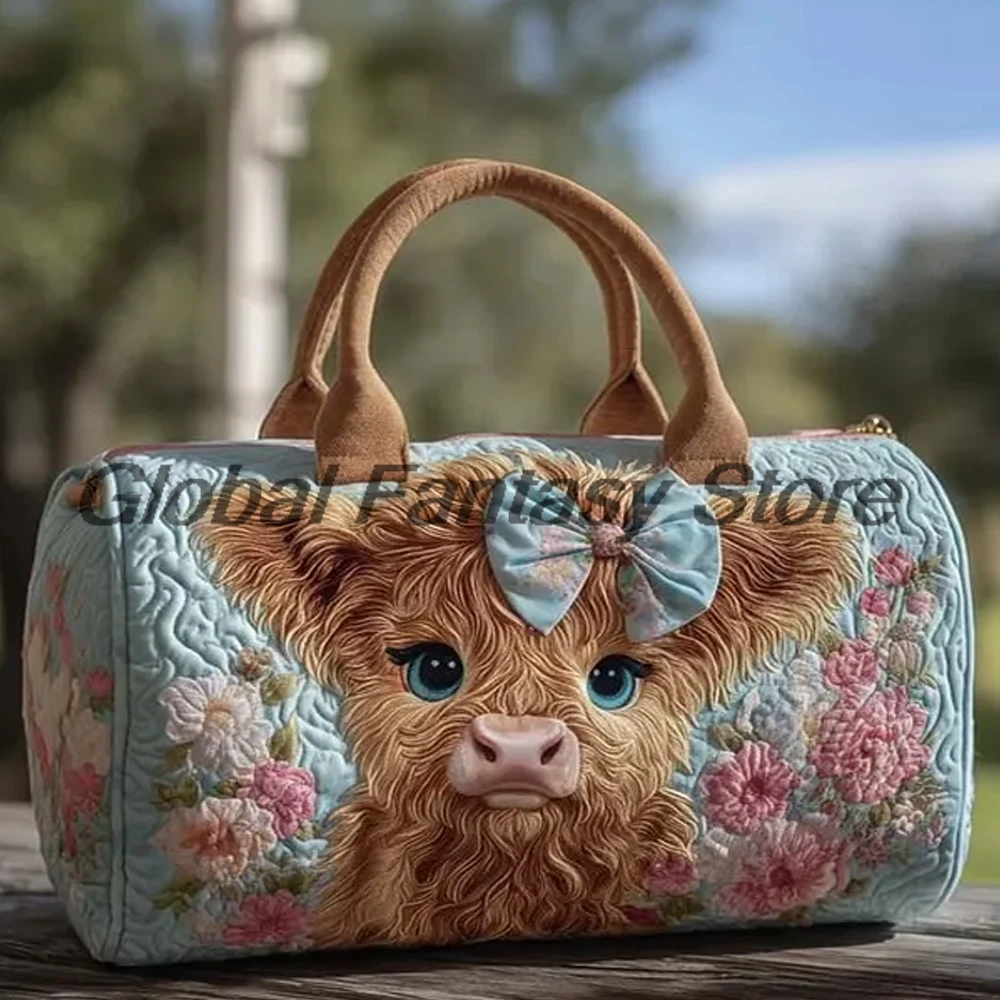 Highland Cow Quilted Duffle Bag Floral Farmhouse Style Travel Tote Bag Women Men Outdoor Weekender Handbag