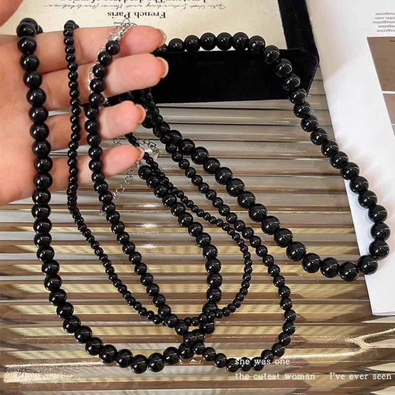 Fashion Punk Smooth Black Round Beads String Necklace for Women Men Unisex Acrylic Beads Choker Jewelry on The Neck Collar Gift