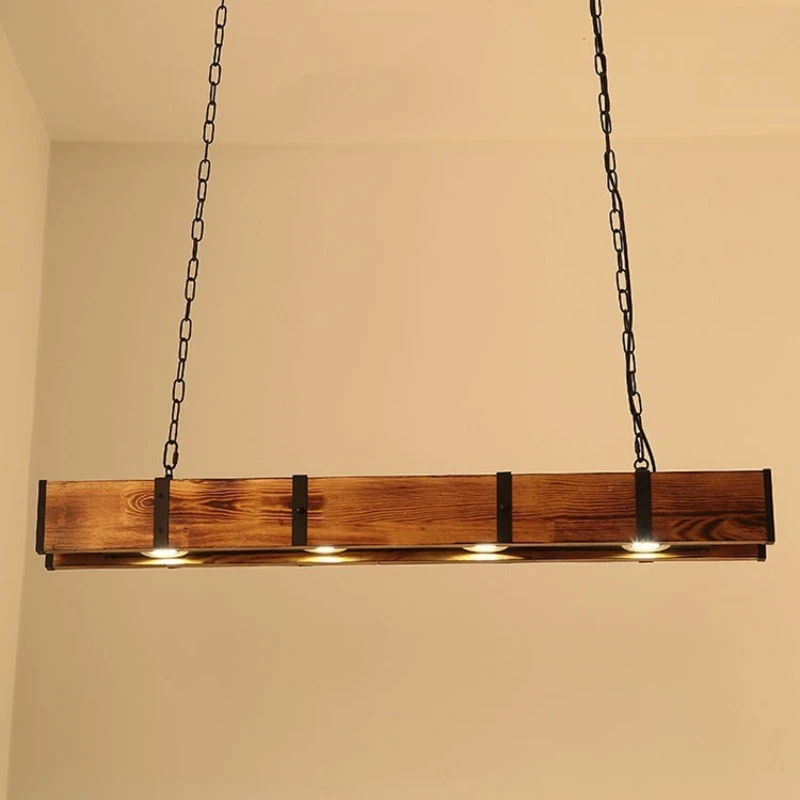 American Industry Long Strip Wooden LED Pendant Lamp Retro Metal Chain Sling Restaurant Kitchen Cafe Atmosphere Lighting Fixture