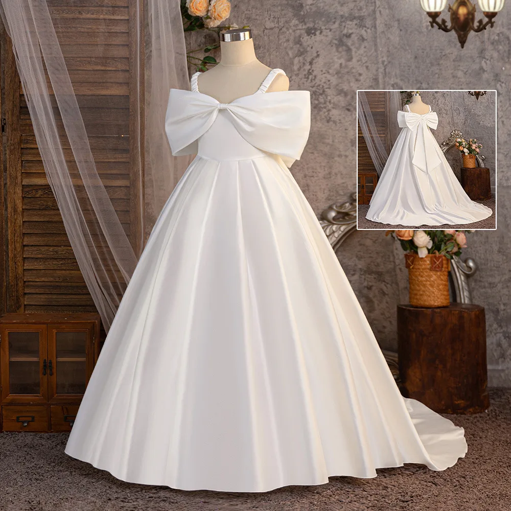 

White Trailing Princess Dress For Teen Girl Baptismal Wedding Dress Halloween Costume Evening Dress Big Bow Girls Party Dresses