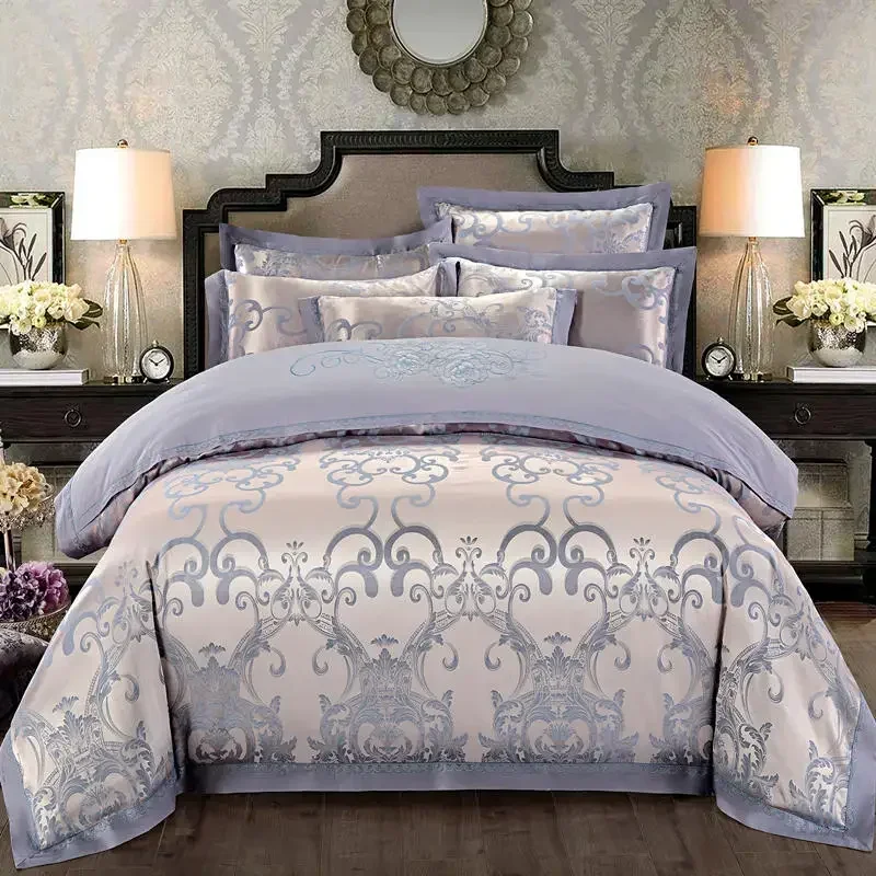 Luxury Jacquard Bedding Sets Floral Grey Pink Comfort A/B High-End Embroidery Duvet Pillowcase Flat Bed Sheet Queen King Size