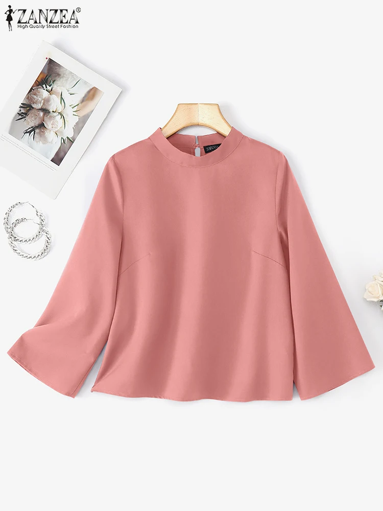 

2025 женская осенняя блузка ZANZEA, элегантные топы со стойкой и длинными рукавами, повседневная однотонная рабочая рубашка OL, Blusas Tunic Mujer Femme Oversize