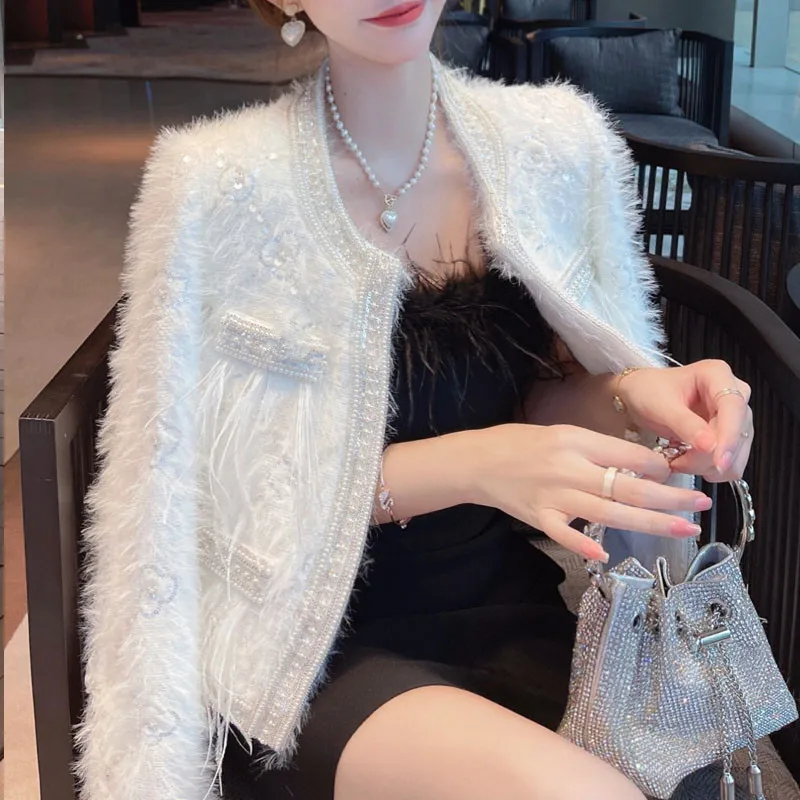 

High Quality Fall Winter Mink Cashmere Cardigan Coat New Luxury Women O Neck Beading Feather Sequin White Party Jacket Tops