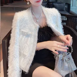 High Quality Fall Winter Mink Cashmere Cardigan Coat New Luxury Women O Neck Beading Feather Sequin White Party Jacket Tops