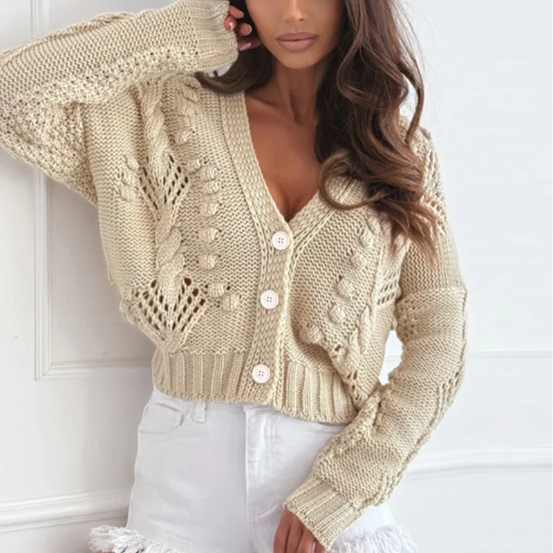 

Elegant Crochet Flower Hollow Out Sweater Women Casual Long Sleeve Solid Color Cardigan Jacket Fashion V-neck Button Loose Coat