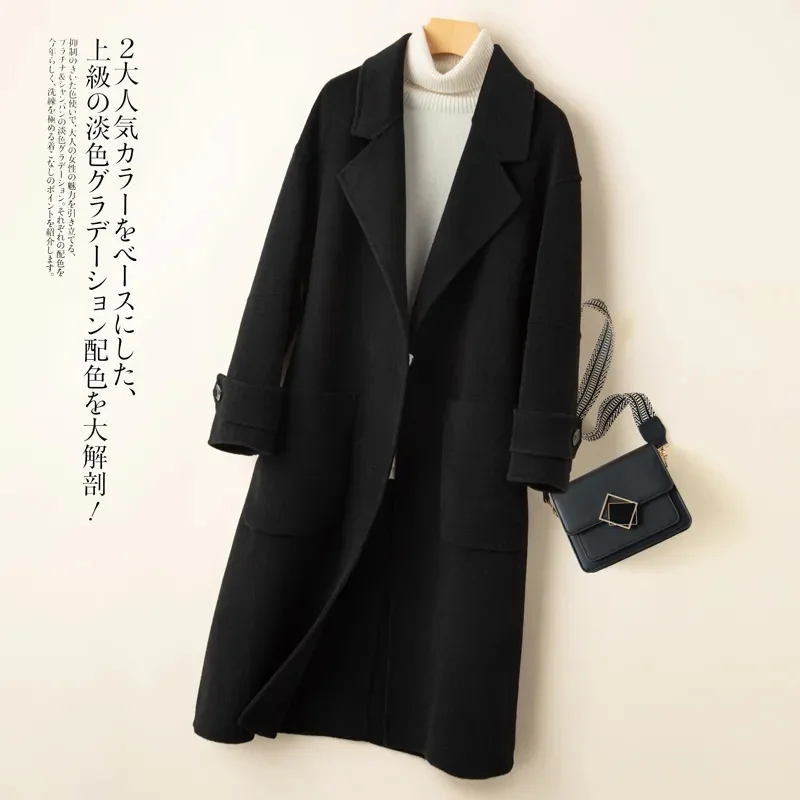Autunno 100% Cappotto di Cachemire Double Sided Inverno delle Donne Nuovo Temperamento Sottile Cappotti di Lana Solido Casual Cappotto Lungo Femminile