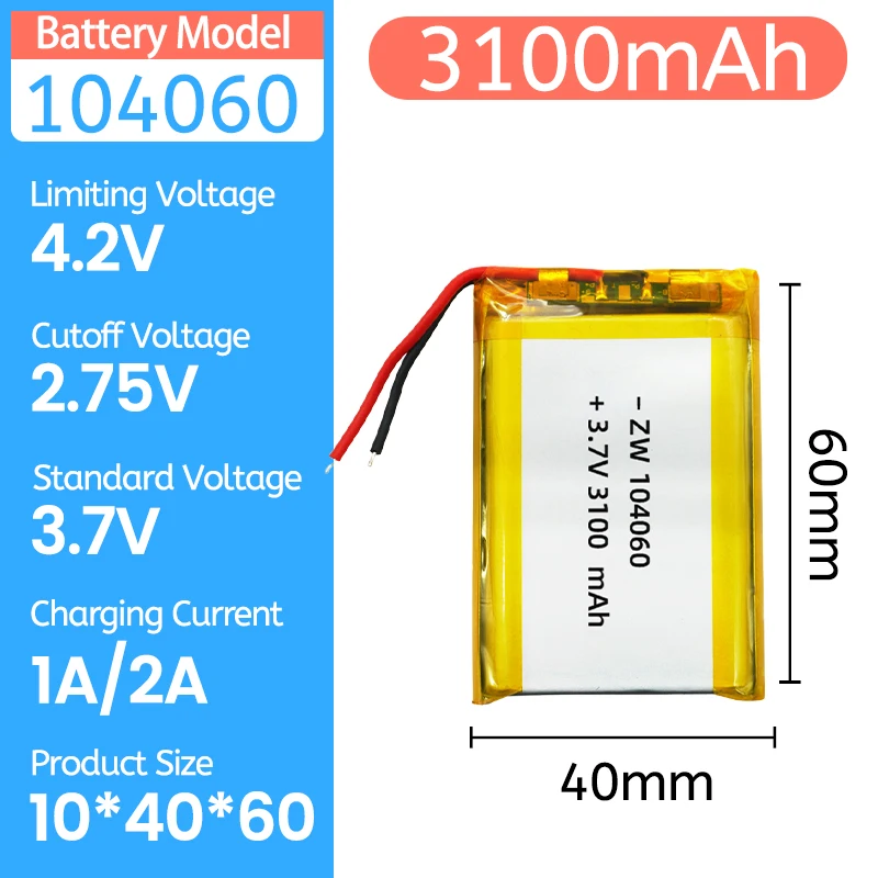 

3.7V 3100mAh 104060 Model Polymer Lithium Rechargeable Battery PH 2.0 2-Pin Plug forelectric toys Interphone Beauty Instrument