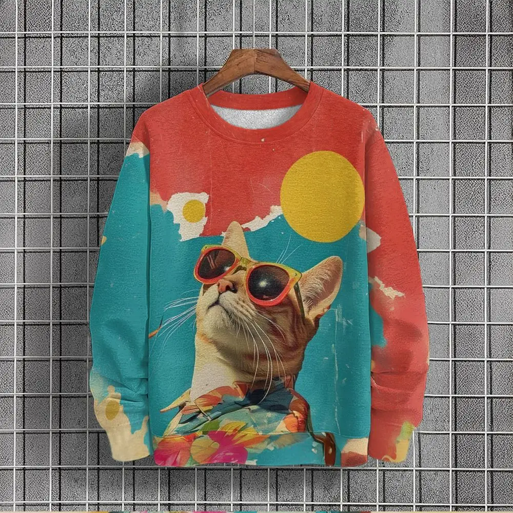 Animal Sweatshirt For Men Sunglasses Cat Graphic Long Sleeve Printed T-Shirts Casual Outdoor Streetwear Oversized Men's Clothing