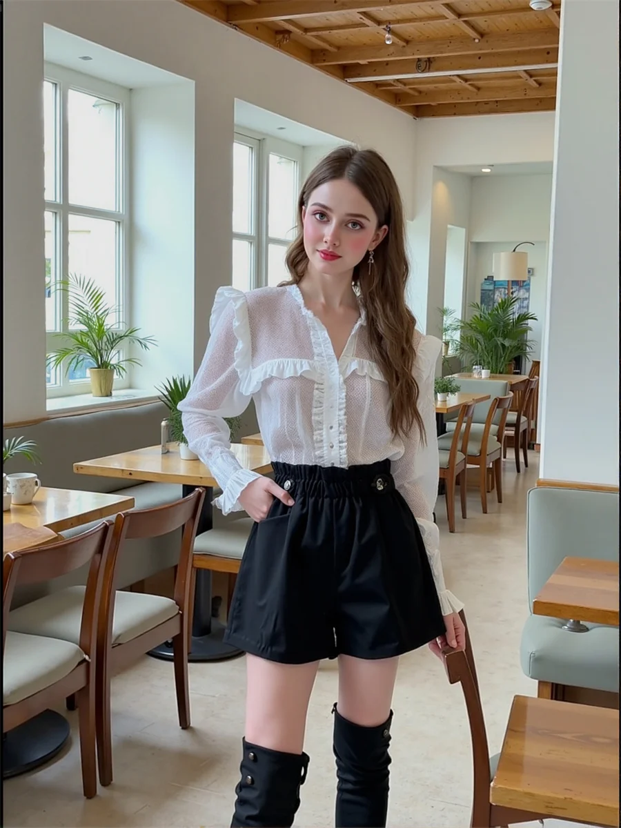 Black Woolen Wide Leg Shorts Womens Pleated Skort Women Chic Office Lady Elegant Button Ruffle Slimming Fashion Cute Preppy Blue