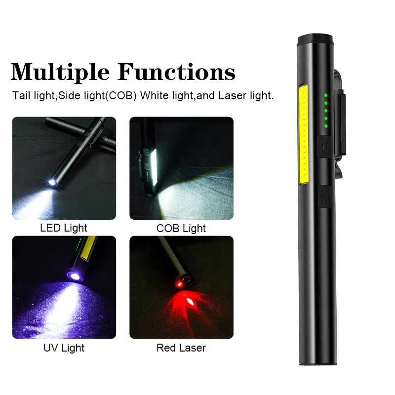 USB Rechargeable UV Flashlight 4 In 1(UV/LED/COB)Multifunctional Mini LED 4 Light Sources Pen Clip Flashlight with Indicator