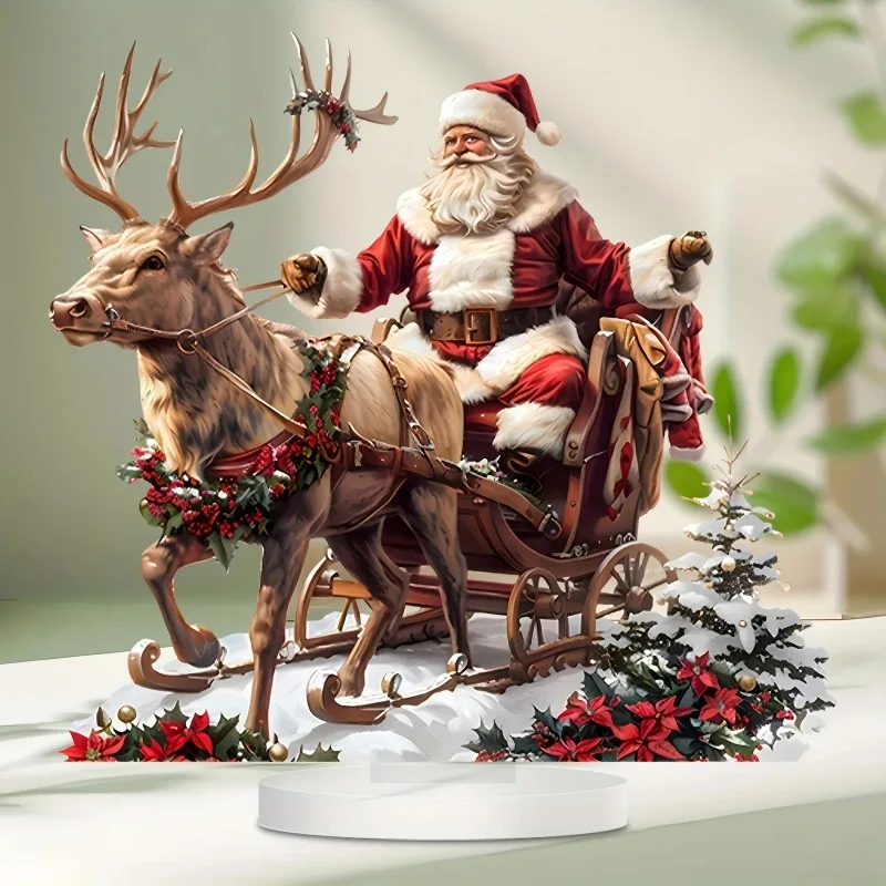 

2D Acrylic Santa Claus Sleigh with Reindeer Tabletop Outdoor Decoration for Christmas 2025 Xmas Navidad Party Supplies