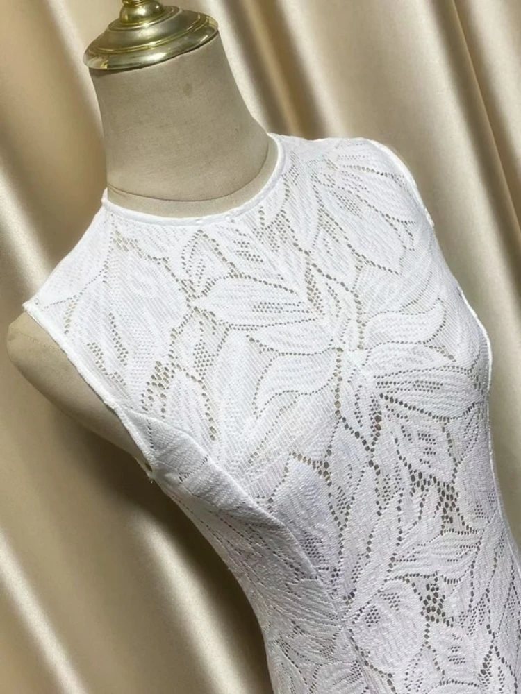 Women Long Lace Dress 2025 Cute Hollow Out Sleeveless Slim Tank White A Line Dress
