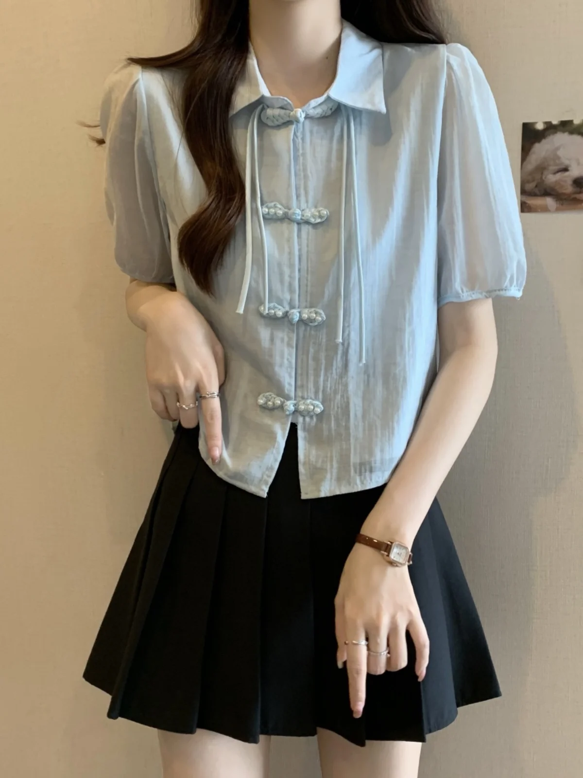 

New Chinese Style Short Sleeve Shirt Women Summer Fashion plus Size Slimming Beautiful Elegant Short Top Korean Style Bubble ...