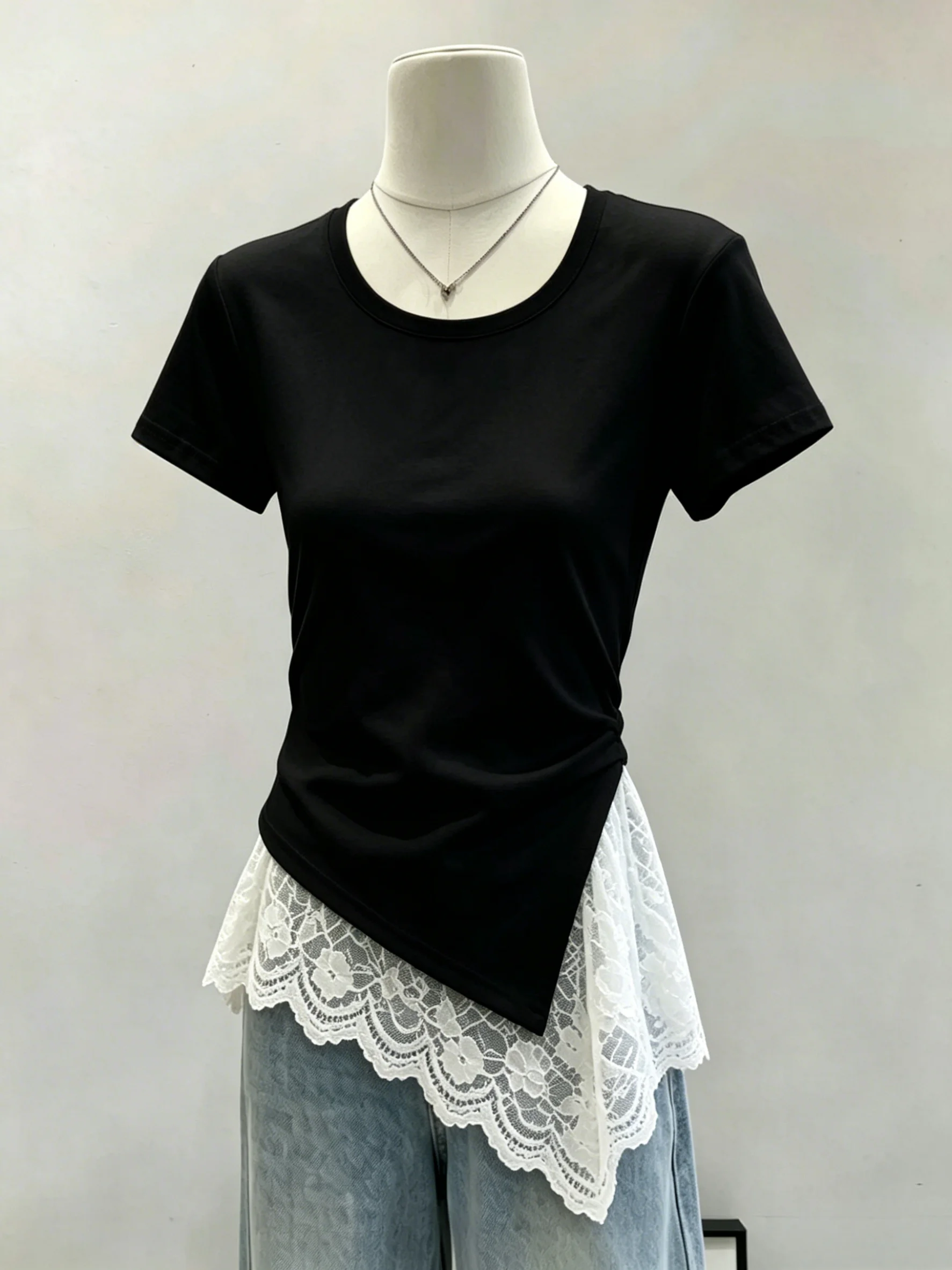 Summer Lace Splice Short Sleeve T-Shirt Women's plus Size Slim Fit Shoulder Length Cotton Blend Elastic Fiber Casual Top