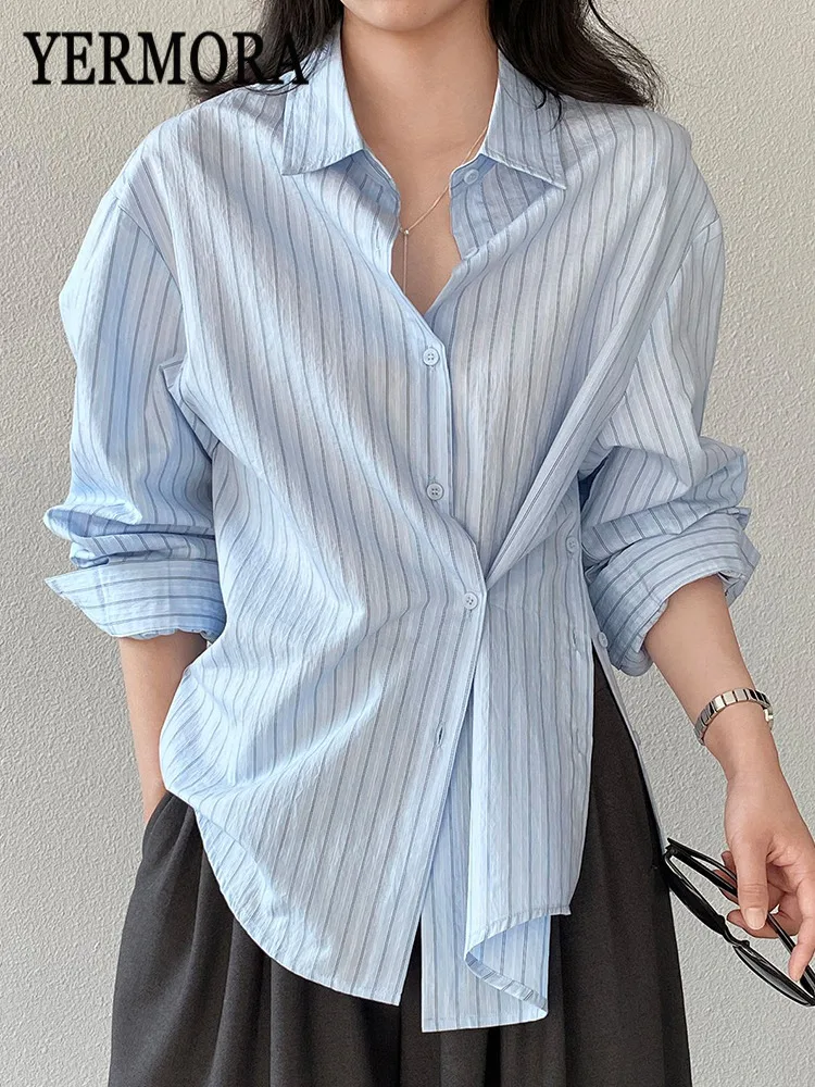 

YERMORA Новая модная женская блузка синяя в полоску с разрезом, с отложным воротником, длинным рукавом, свободного кроя, весна-лето 2026