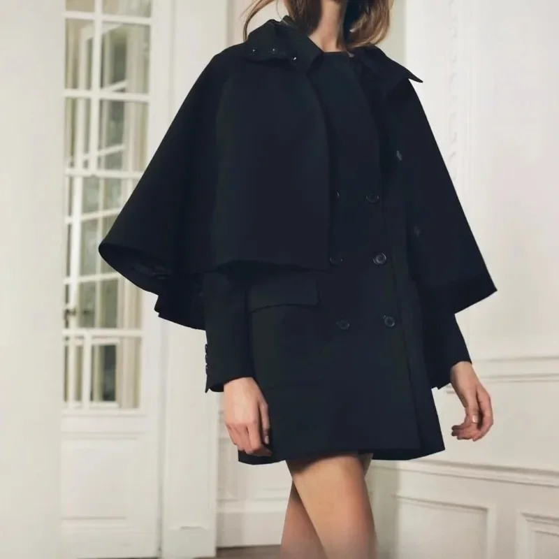 

Черное свободное пальто-накидка с воротником-стойкой, короткие стили, 2022, женская осенне-зимняя верхняя одежда с длинными рукавами, модное повседневное элегантное пальто
