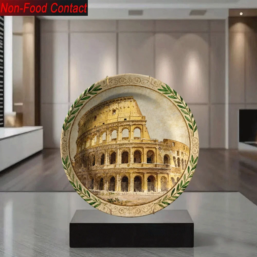 [Vintage Roman Colosseum Plate] 2D Flat, 1pc Vintage Roman Colosseum Ceramic Decorative Plate - Non-Food Contact, Classic Round