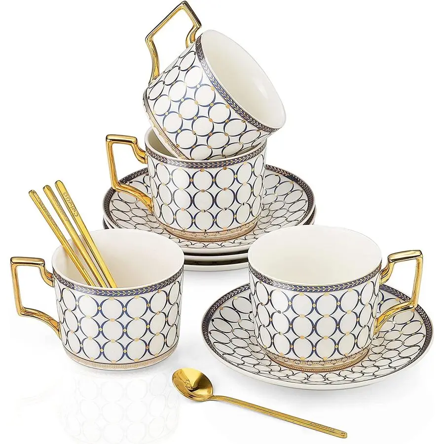 

Style Ceramic Coffe Cup and Saucer Sets, 7 Oz Bone China Beautifully Glazed Blue Gold Tea Cup Set, Golden Spoon,Cappuccino, Latt