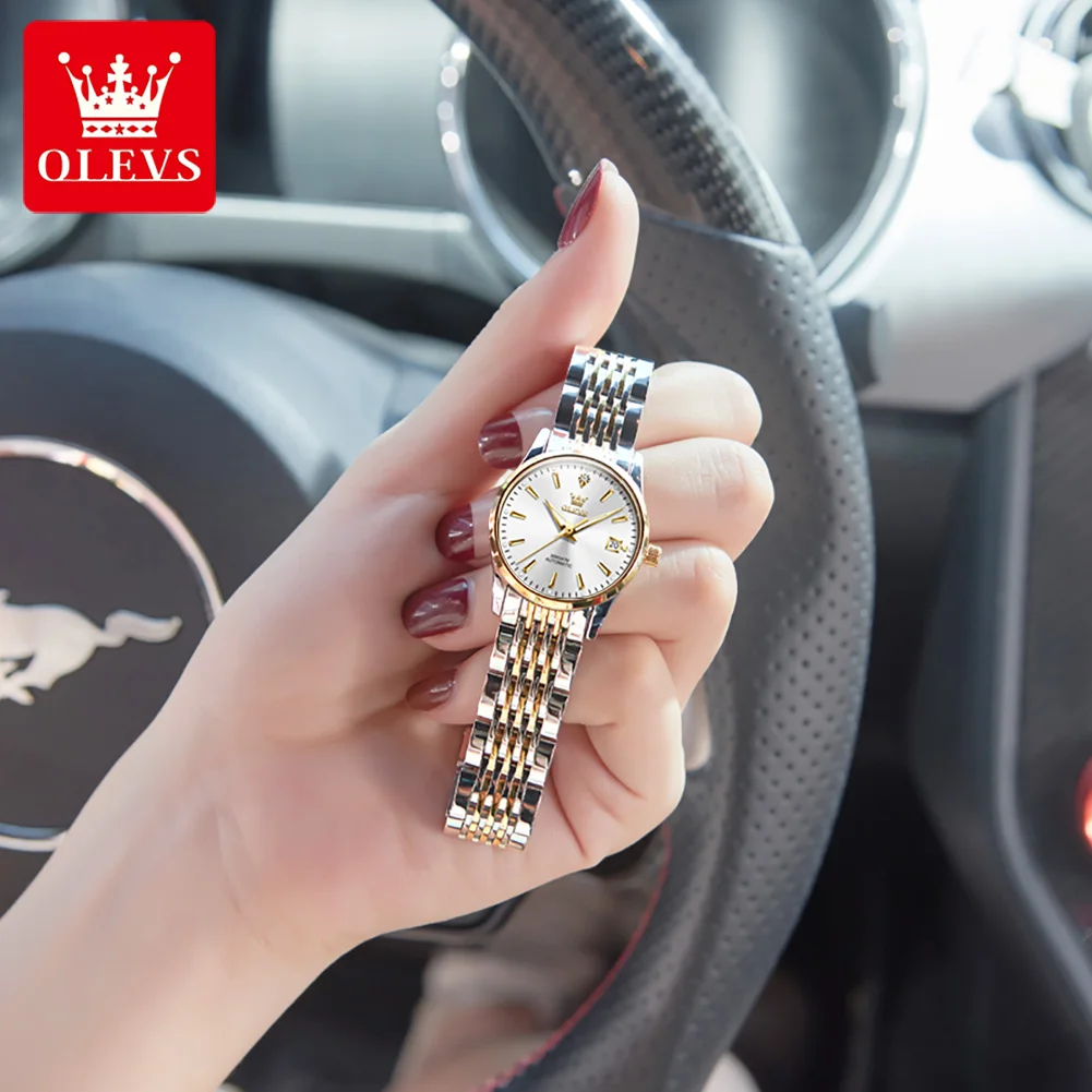 OLEVS العلامة التجارية ساعة الصلب قطاع تقويم واحد ساعة ميكانيكية أوتوماتيكية بالكامل ضوء الليل مقاوم للماء ساعة نسائية 6635