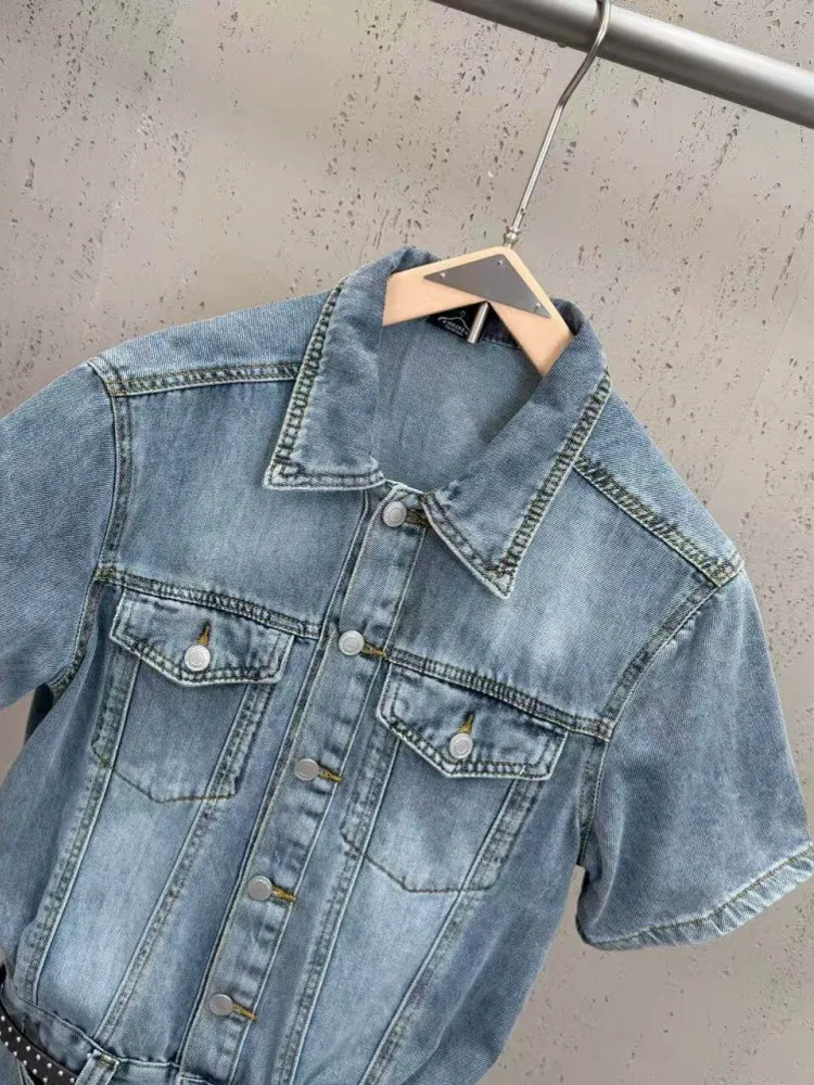 Summer Lady Elegant Office Short Sleeves Denim Spliced Slim Lapel Single Breasted Rompers Fashion Vintage Women Casual Jumpsuits