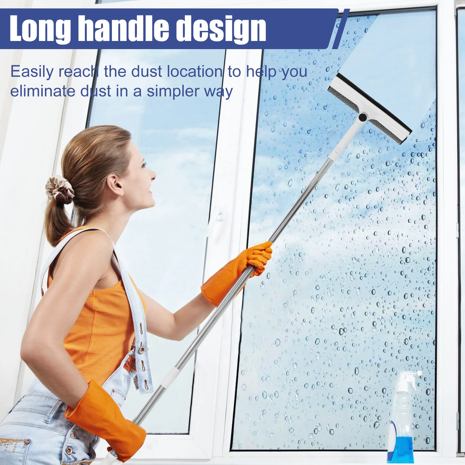 53 Inch Window Cleaner Squeegee 2-in-1 Squeegee and Scrubber with Extendable 3 Section Poles 180-Degree Rotatable Window