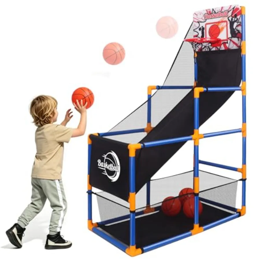 Arcade Basketball Game Set for indoor outdoor use, plastic hoop with red blue green yellow balls, lightweight durable design id