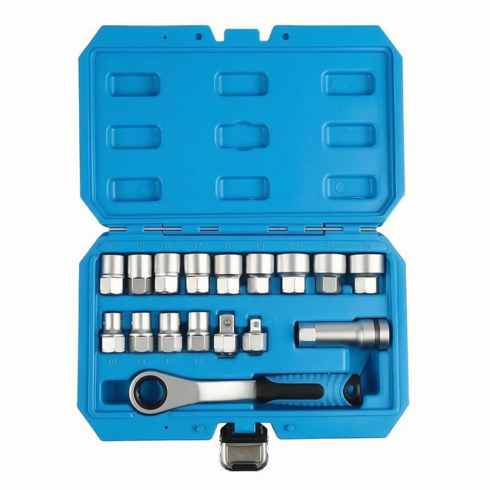 Chrome Vanadium Steel Socket Wrench Assembly 17 Piece Ratchet Set with 12 Point Sockets 10 to 24 Mm for Garage Home Use