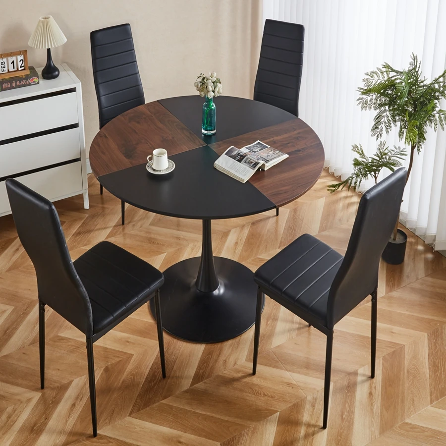 47.2 Inch Tulip Round Dining Table, Mdf Black And Brown Dining Table, Strong And Reliable Metal Legs, Easy To Assemble