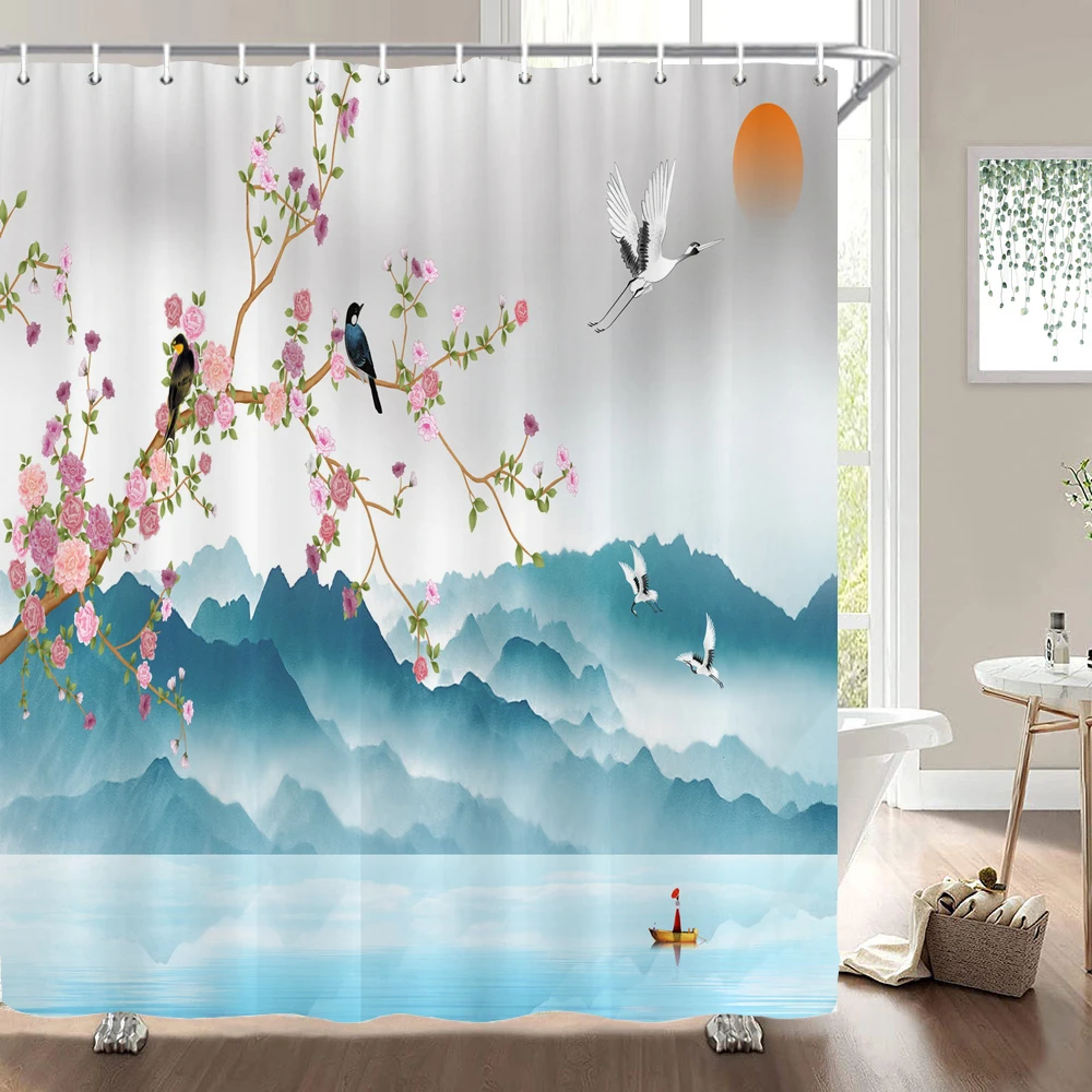 

Ink Painting Flower Decoration Bathroom Curtain Elegant Flowers Shower Curtain Polyester Waterproof Decoration Curtain Hooks