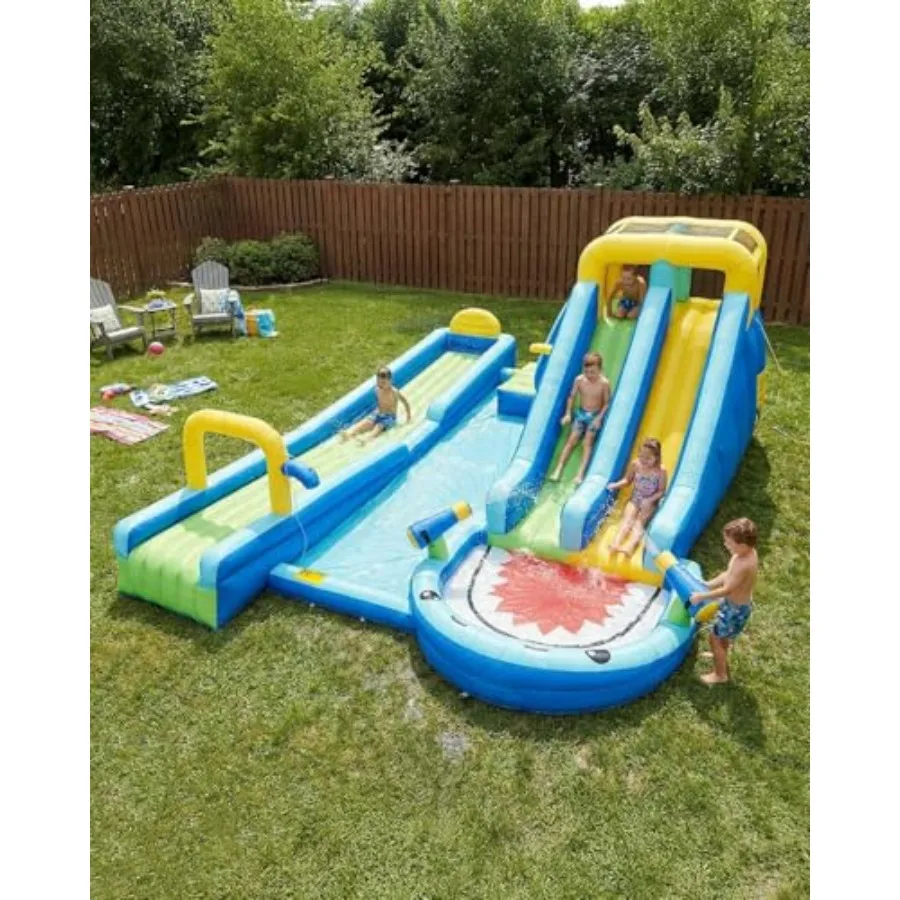 Backyard summer fun: inflatable shark theme water slide, PVC material, blue and gray, extra-long 19.3x15x7 ft double slides wit