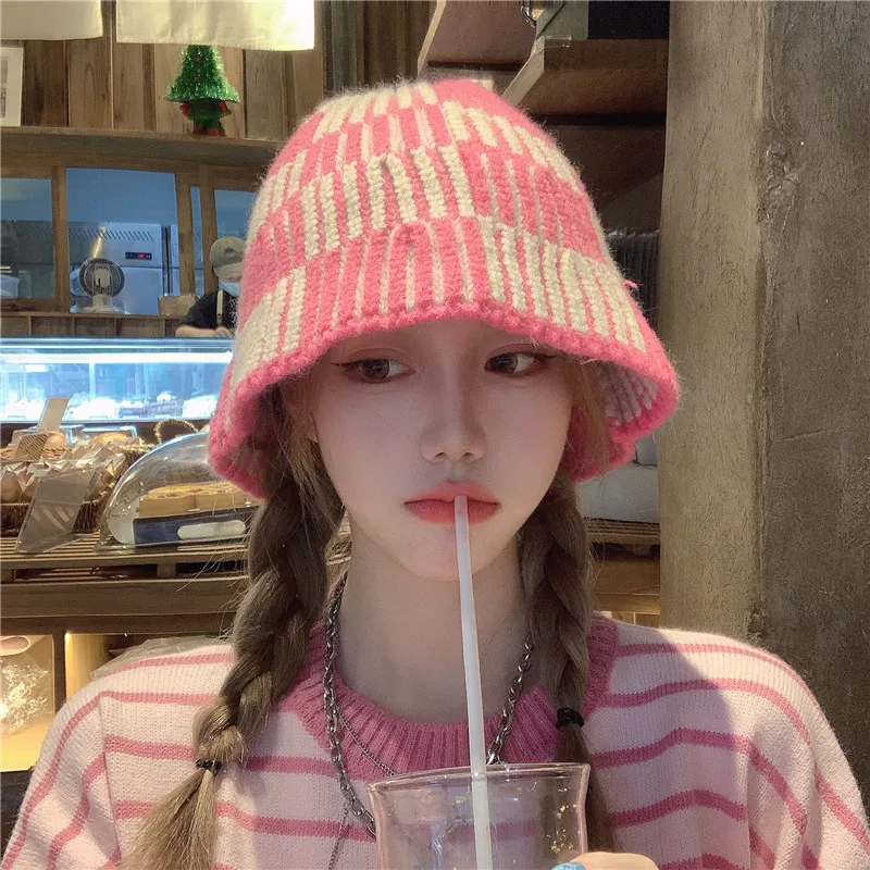Pink autumn and winter color matching plaid knitted bucket hat striped dome warm wool hat women