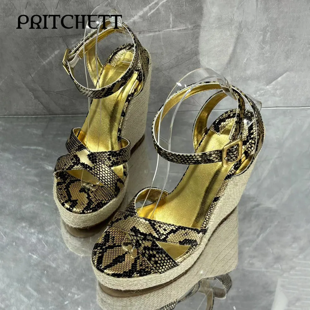 

Snake Pattern Cross Strap Espadrille Sandals Round Toe Wedge High Heel Ankle Buckle Fashion Sandals Large Size Casual Shoes