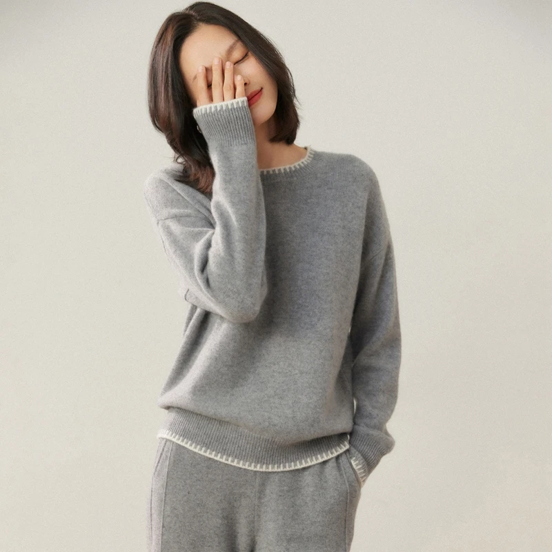 

Женский пуловер из 100% чистого кашемира, повседневный вязаный свитер с цветными блоками, утолщенный теплый свободный базовый топ с круглым вырезом