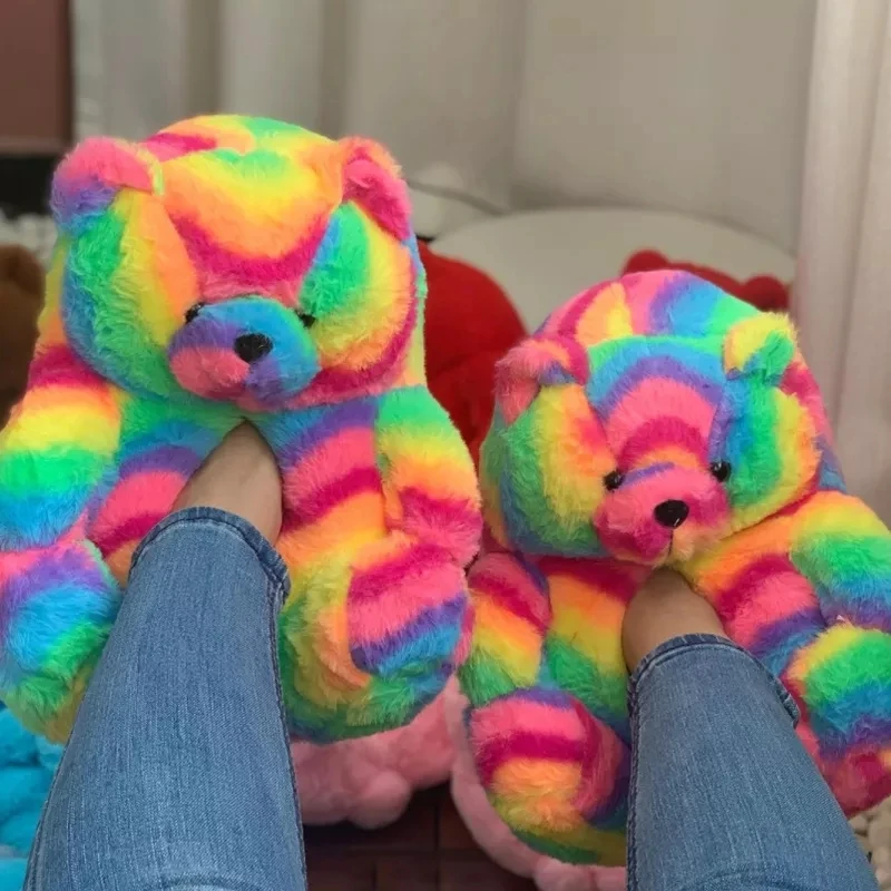 Quick shipping pink slip on animal fur slippers home fluffy bear shoes cute cartoon indoor warm fuzzy slipper home flipflops