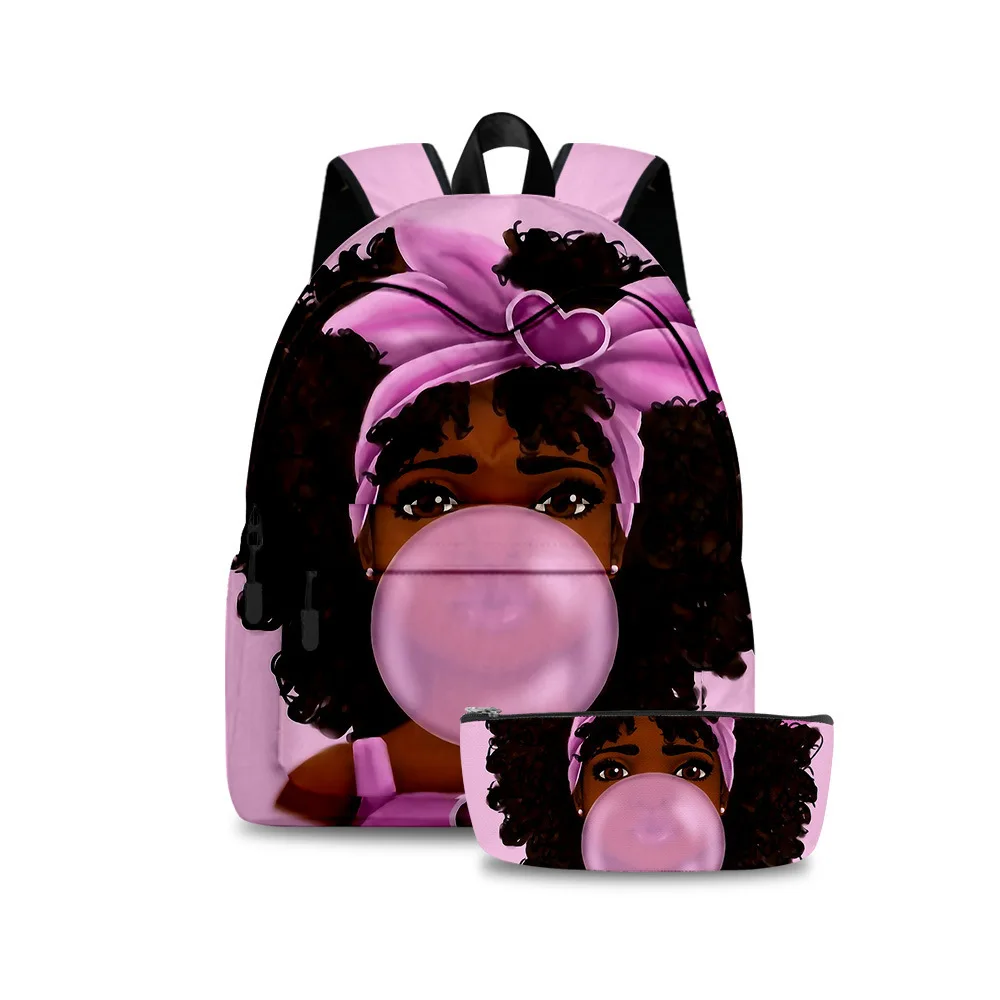 2pcs/set African Girl Lafro Lady Backpack 3D Printed Kawaii Oxford Waterproof Girls Zipper Schoolbag Pencil Bag Birthday Gifts