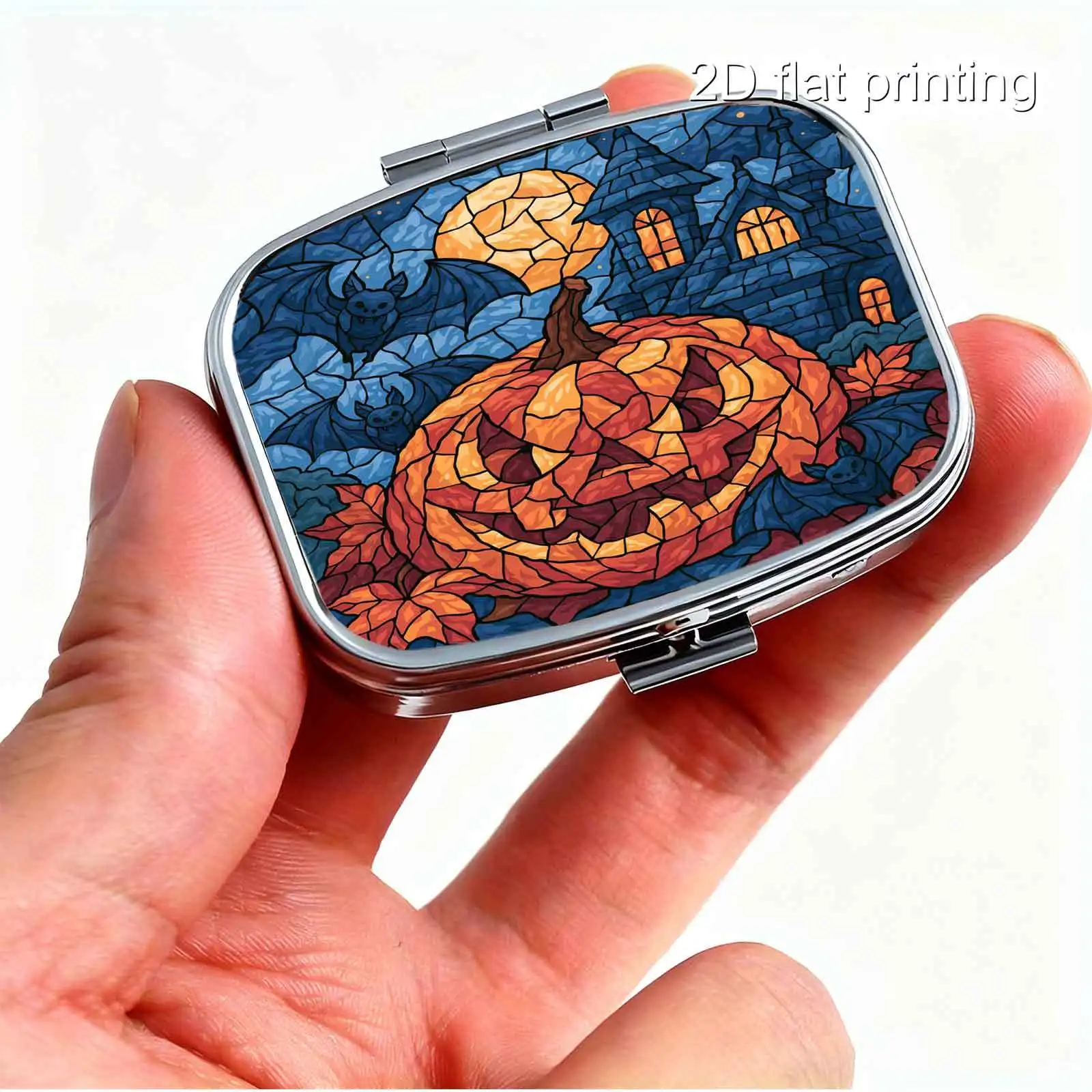 1Pc Flat Printing Pill Box, Portable Metal Material, Halloween Stained Glass Pumpkin Forest Cabin Square Illustration, Warm-Toned Retro Glass Watercolor Square Style Design - Capsule Box - Pill Capsule - Compact Creative Trinket Box - Small Particle Storage - Compartment Design - Practical Gift - Suitable for Long-Distance Travel - Preferred Gift for Giving - Portable and Easy to Carry
