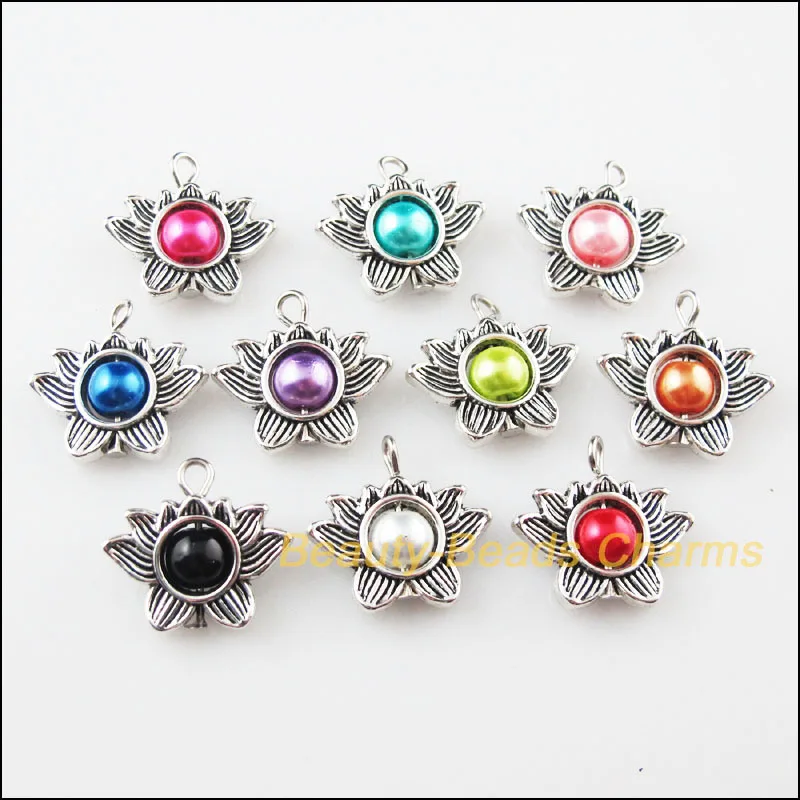 10Pcs Tibetan Silver Plated Lotus Flower Mixed Glass Charms Pendants 17x19mm