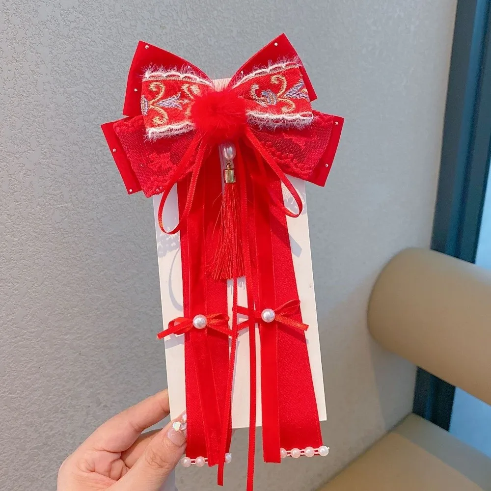 

Cute Red Bow Ribbon Hair Clip Ribbon New Year Hairpin Tassel Princess Hanfu Hair Ornamen Children's Headwear