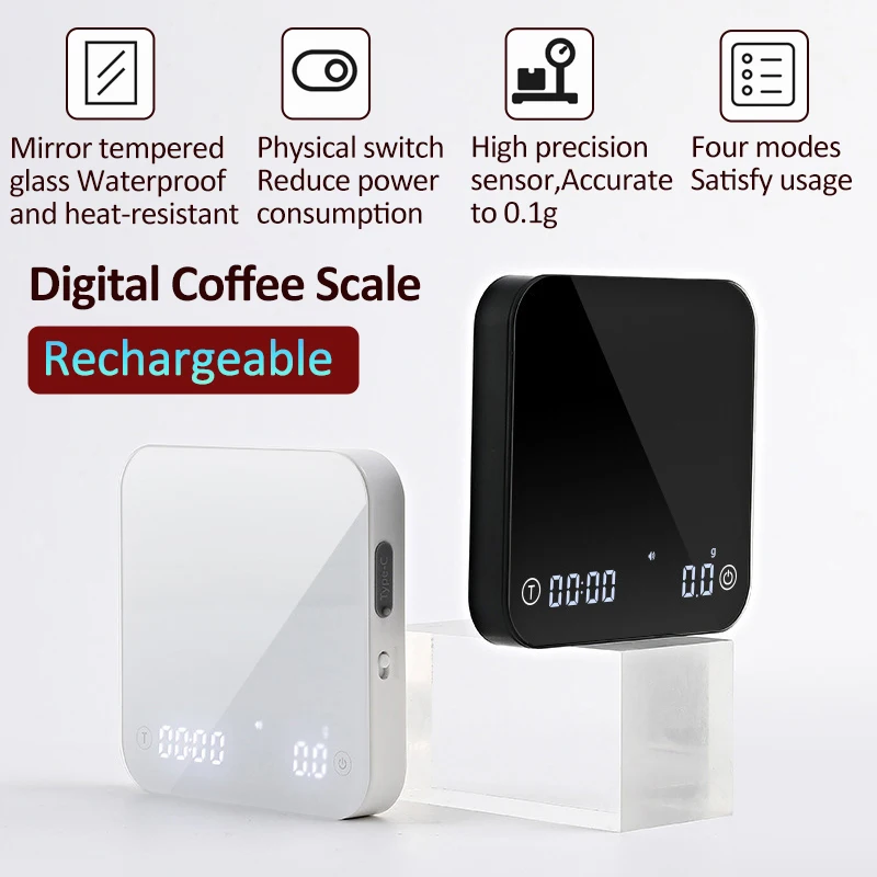 

Rechargeable Digital Coffee Scale Tempered Glass Face Coffee Electronic Scale 2kg/0.1g Precise Timing and Weighing Kitchen Scale
