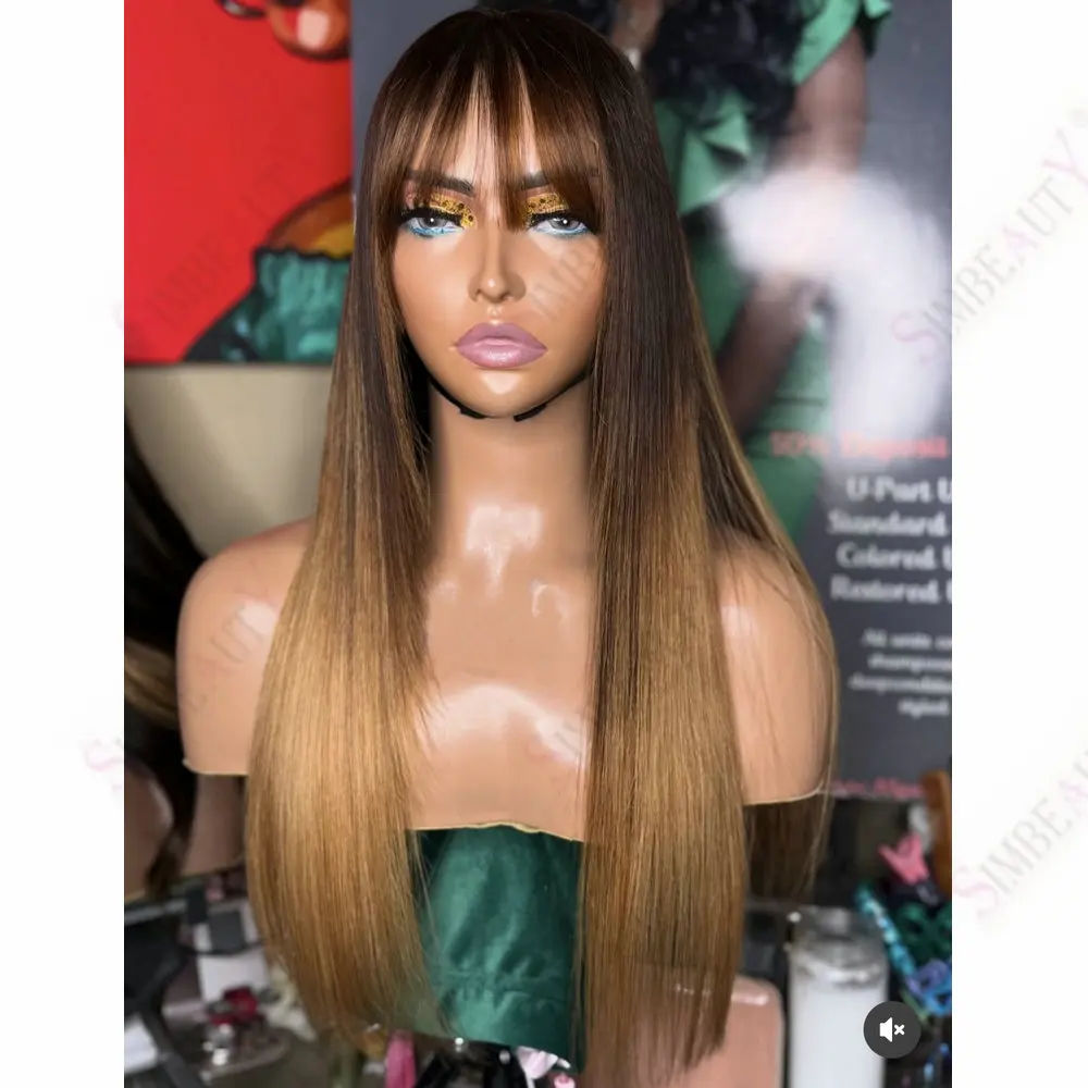 Braun-Honigblond Ombre Vorgezupfte Klebefreie Vollspitzenperücke aus Echthaar für Damen mit Pony, 5x5 HD-Spitze/360-Spitzen-Frontalperücke mit Pony – Detail 2