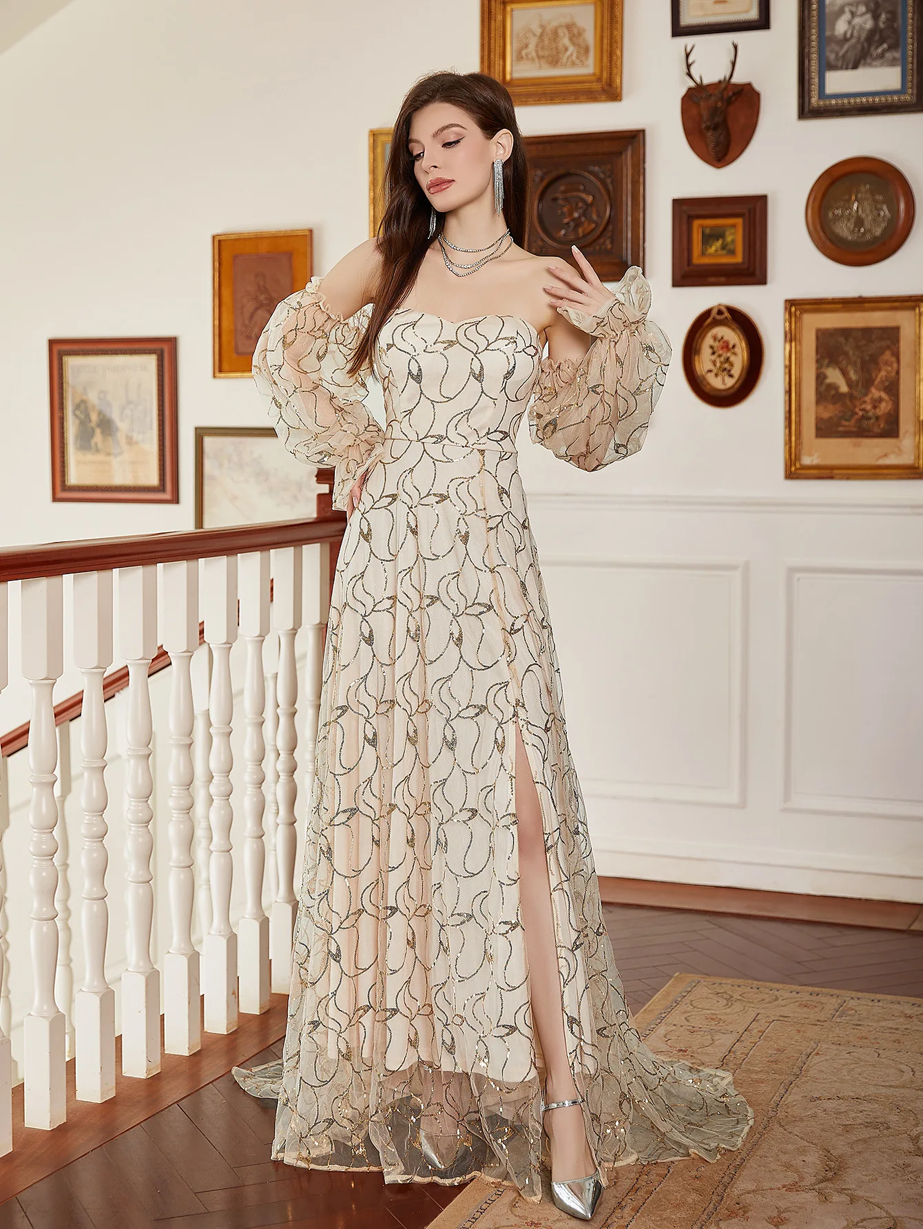 

2025 new apricot heavy sequin luxury evening dress sexy socialite aura queen long dress dinner