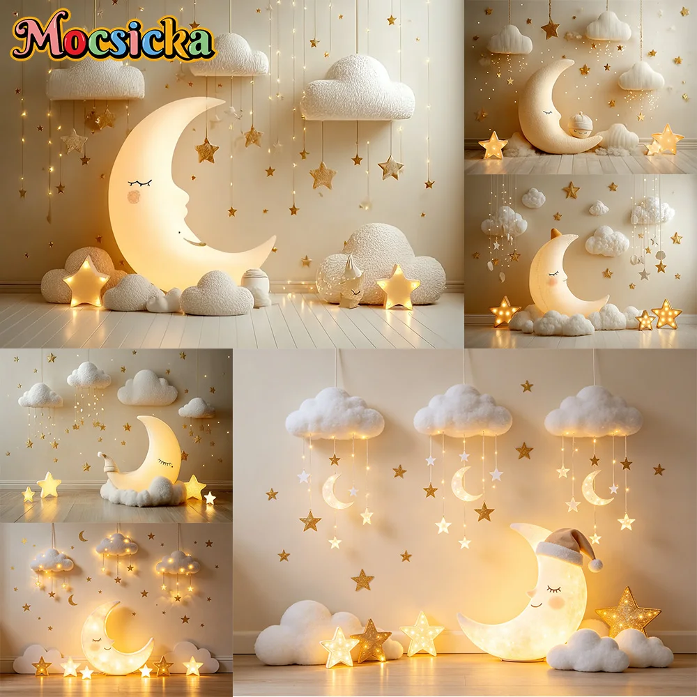 Mocsicka Photography Backdrop White Cloud Moon Style Night Light Decoration Cake Smash Baby Shower Newborn 1st Party Studio Prop