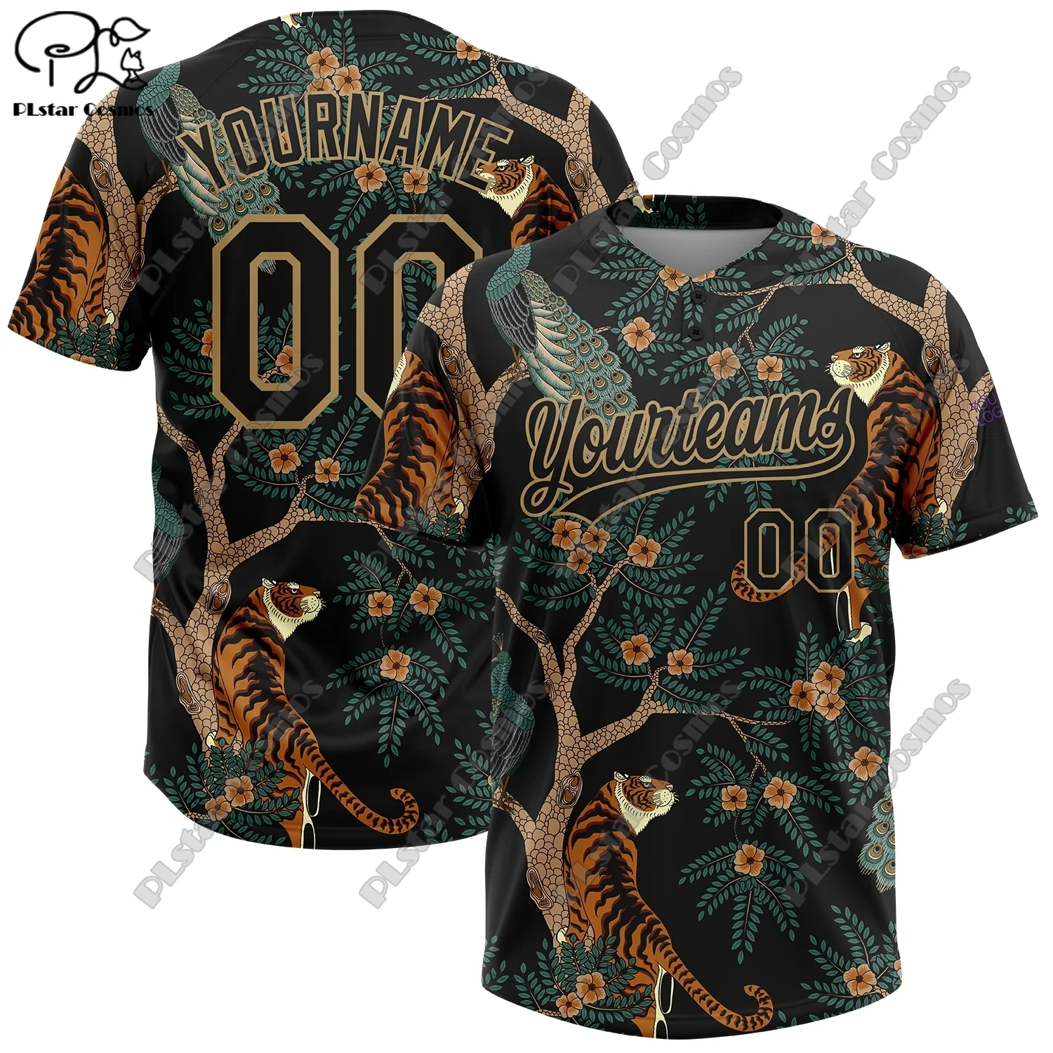 New Custom Name Black Gold 3D Graphics Tiger and Peacock Leopard Camouflage Two Button Unisex Softball Jerseys Gift for Yourself