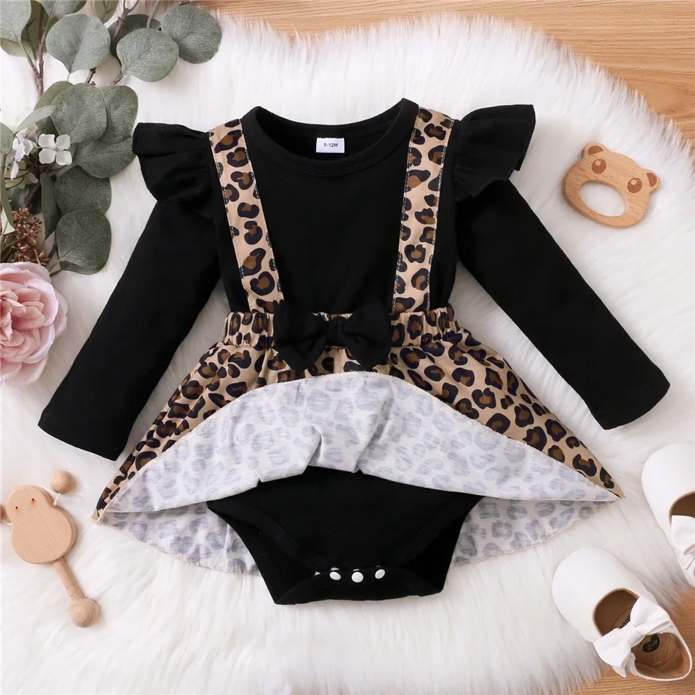 Newborn Baby Girl Bodysuits with Skirt Hem Long Sleeve Leopard Dresses Baby Onesie Autumn Fashion Romper for Infant 0-18Months