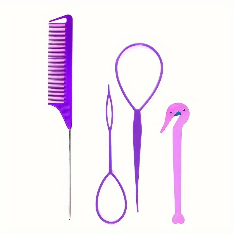 4-teiliges WANMEI Stirnband-Werkzeug, Haarflechtwerkzeug mit Maus-Schwanzkamm, Pferdeschwanz-Stirnband-Entferner, schnell gestaltendes Haar-Accessoire