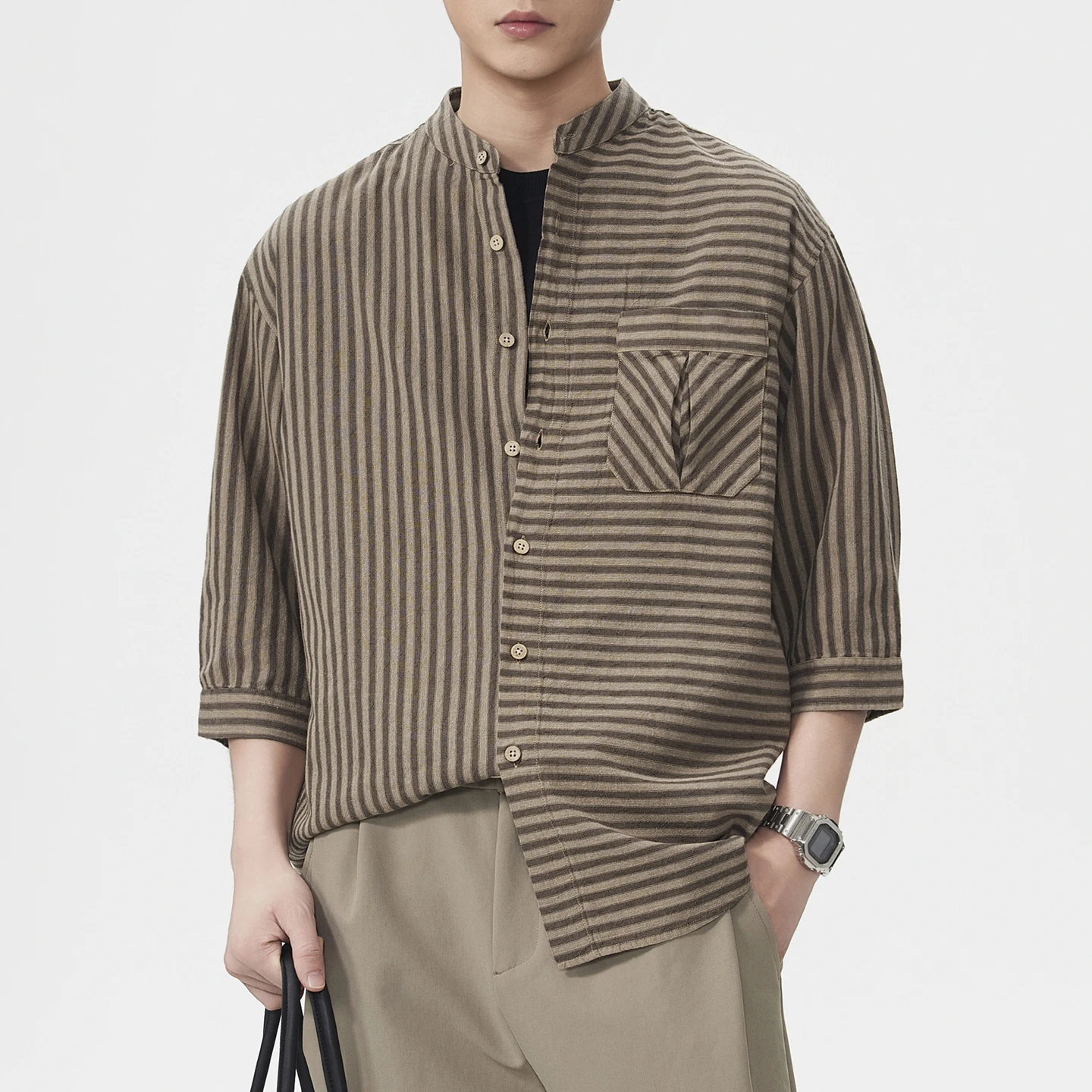 

Men's Short Sleeve Loose Casual Vintage Stand Collar Spring Summer Lightweight Stripe Shirt Male Business Commute Shirts Tops