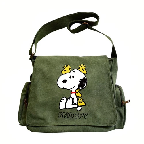 Lindo bolso de hombro de lona Snoopy & Woodstock para mujer, elegante bolso de mensajero verde oliva, bolso cruzado de dibujos animados